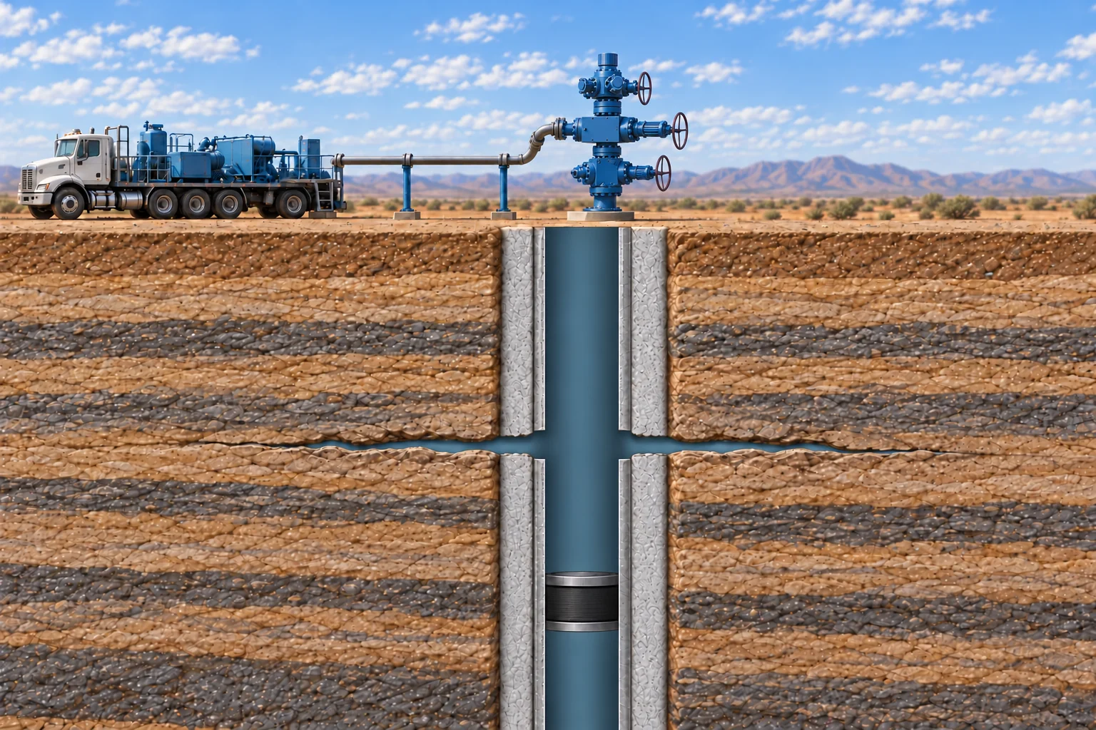 Proppant-free fracturing fluid through casing and cement openings into near-well fractures; local axial section