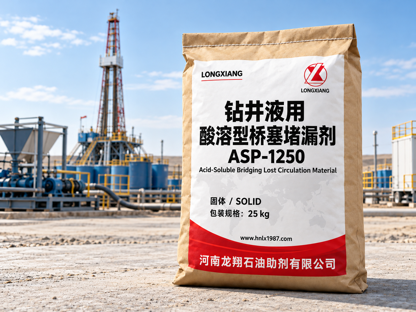 钻井液用酸溶型桥塞堵漏剂25 kg袋装包装与应用场景效果示意