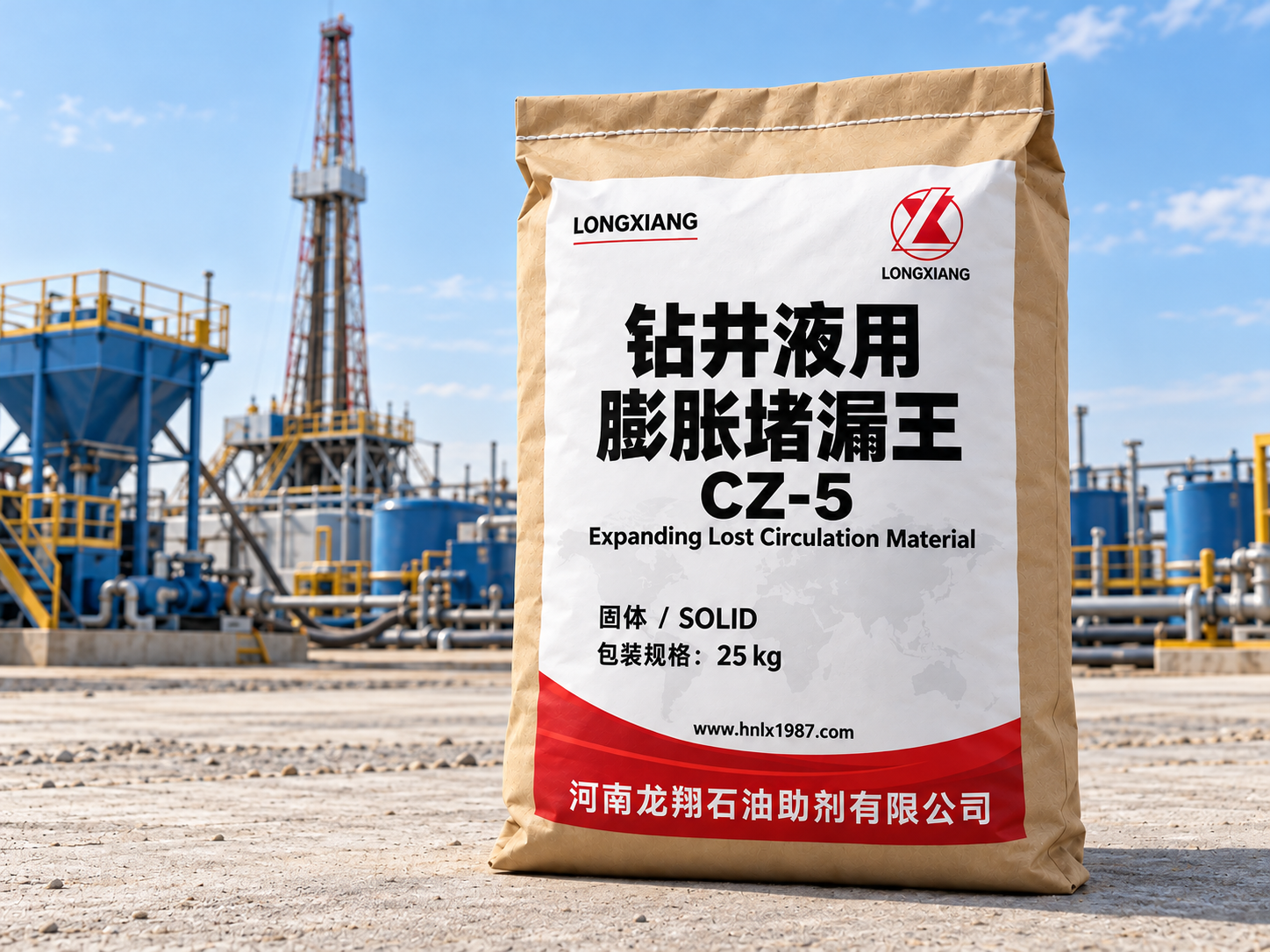 钻井液用膨胀堵漏王25 kg袋装包装与应用场景效果示意