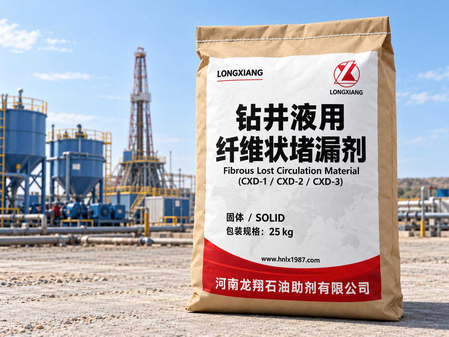钻井液用纤维状堵漏剂25 kg袋装包装与应用场景效果示意