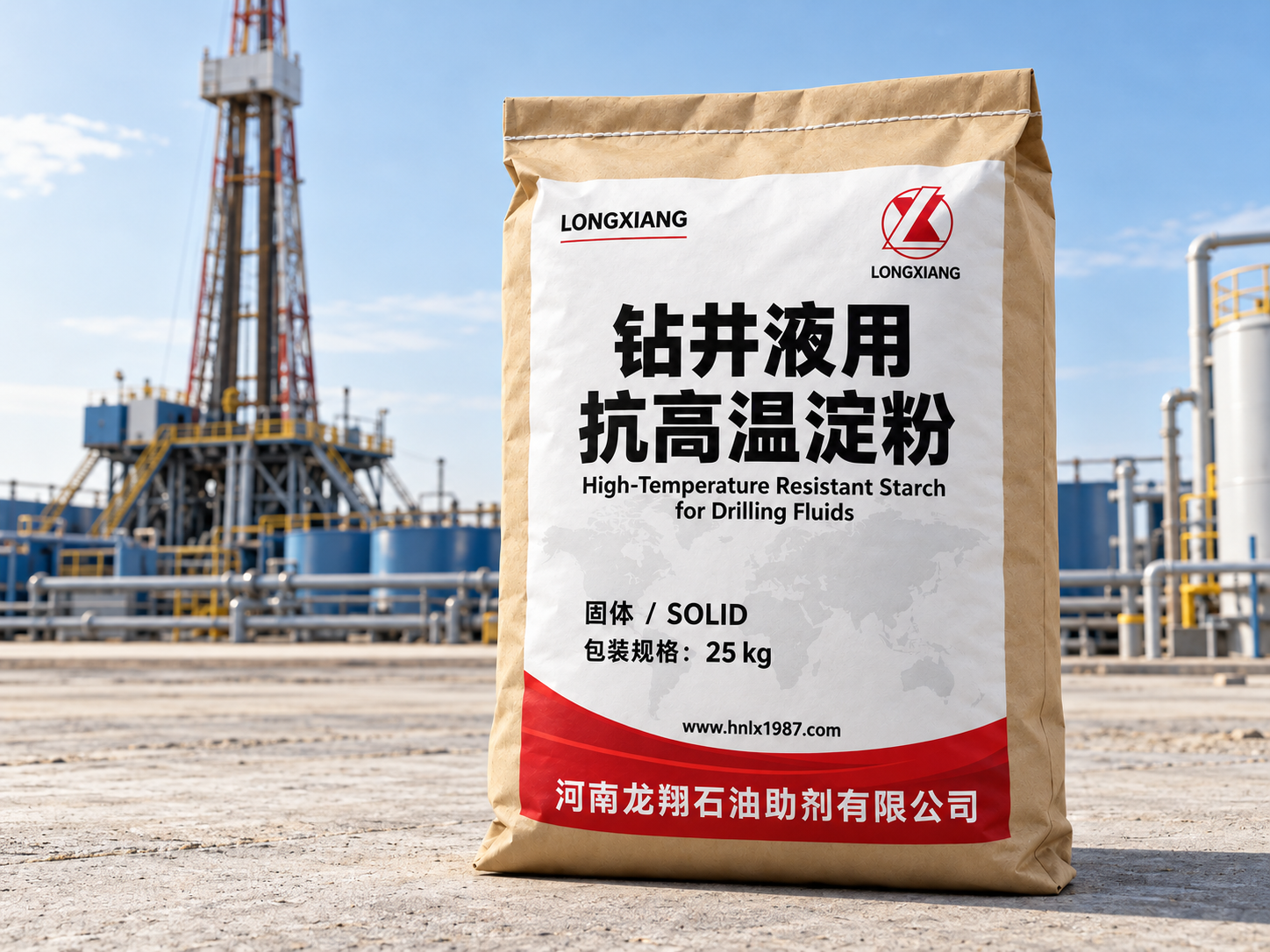 Drilling Fluid High-Temperature Resistant Starch — 25 kg bag, illustrative packaging and application scene