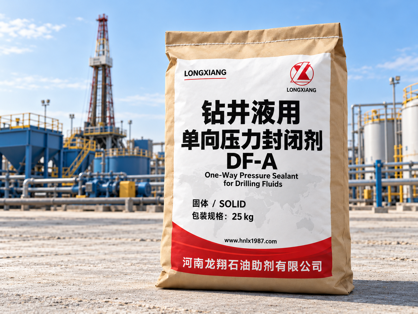 钻井液用单向压力封闭剂25 kg袋装包装与应用场景效果示意