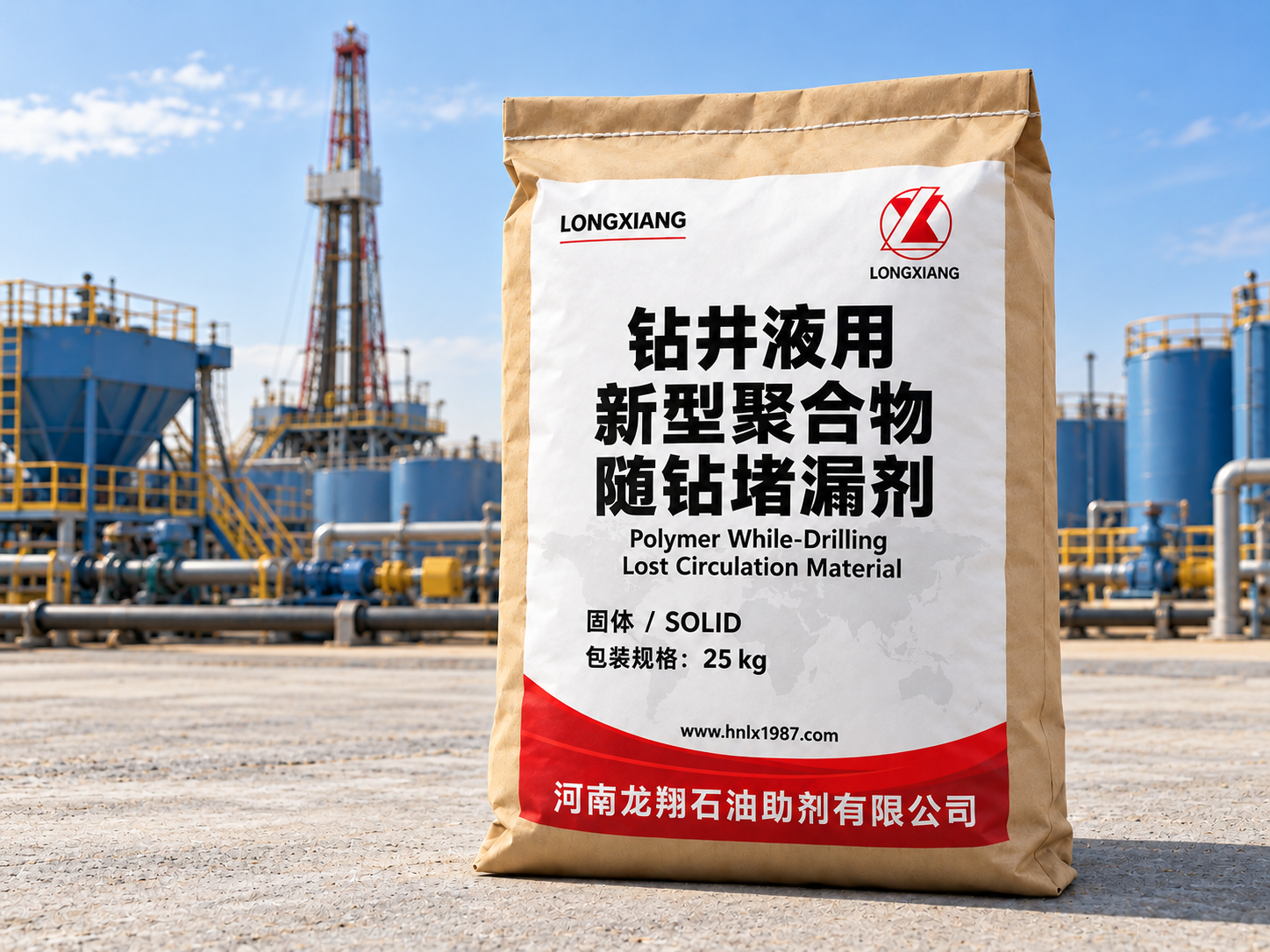 钻井液用新型聚合物随钻堵漏剂25 kg袋装包装与应用场景效果示意
